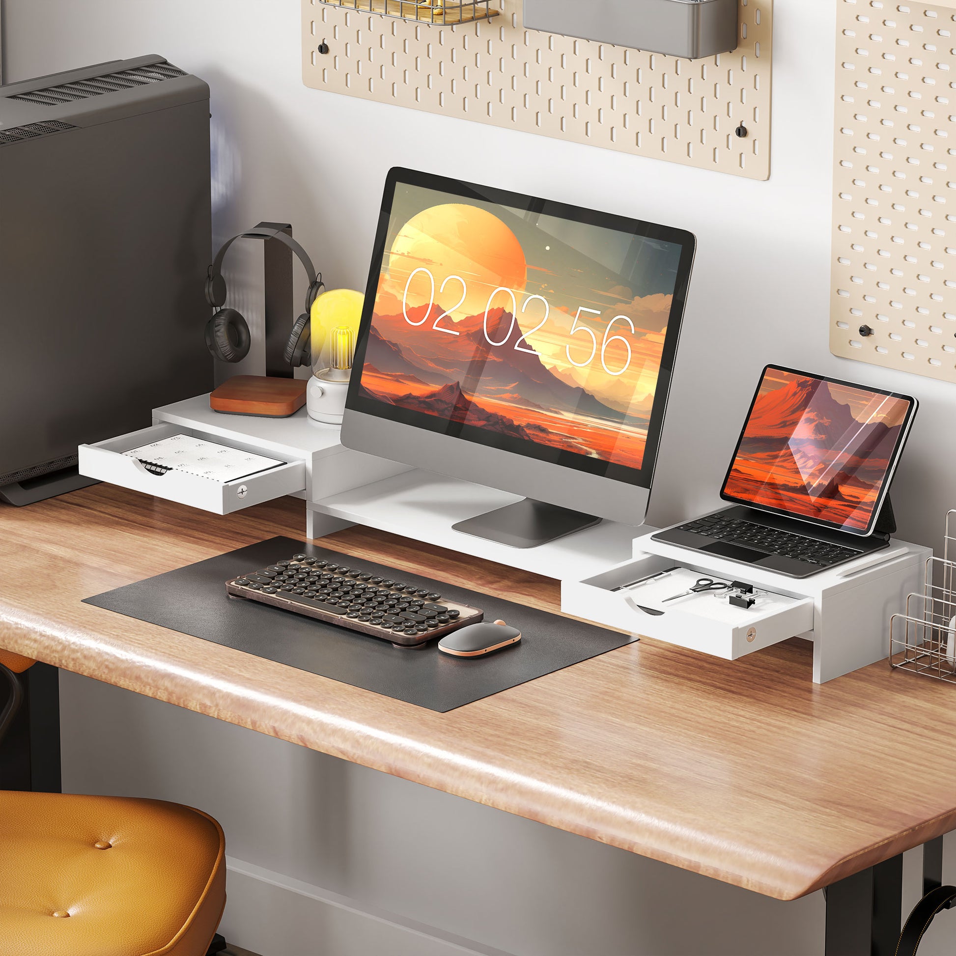 Monitor Riser Adjustable Angle and Length Monitor Stand with 2 Drawers Desktop Monitor Stand for Laptop Computer PC 60-116x22x12 cm White