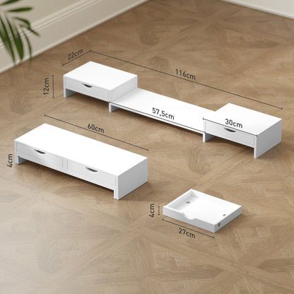 Monitor Riser Adjustable Angle and Length Monitor Stand with 2 Drawers Desktop Monitor Stand for Laptop Computer PC 60-116x22x12 cm White
