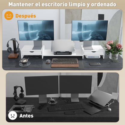 Monitor Riser Adjustable Angle and Length Monitor Stand with 2 Drawers Desktop Monitor Stand for Laptop Computer PC 60-116x22x12 cm White