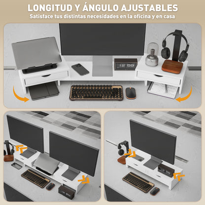 Monitor Riser Adjustable Angle and Length Monitor Stand with 2 Drawers Desktop Monitor Stand for Laptop Computer PC 60-116x22x12 cm White