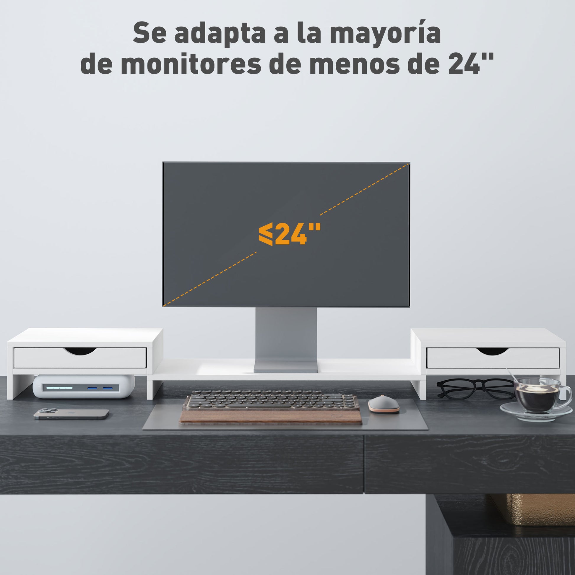 Monitor Riser Adjustable Angle and Length Monitor Stand with 2 Drawers Desktop Monitor Stand for Laptop Computer PC 60-116x22x12 cm White