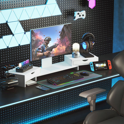 Monitor Riser Adjustable Angle and Length Monitor Stand with 2 Drawers Desktop Monitor Stand for Laptop Computer PC 60-116x22x12 cm White