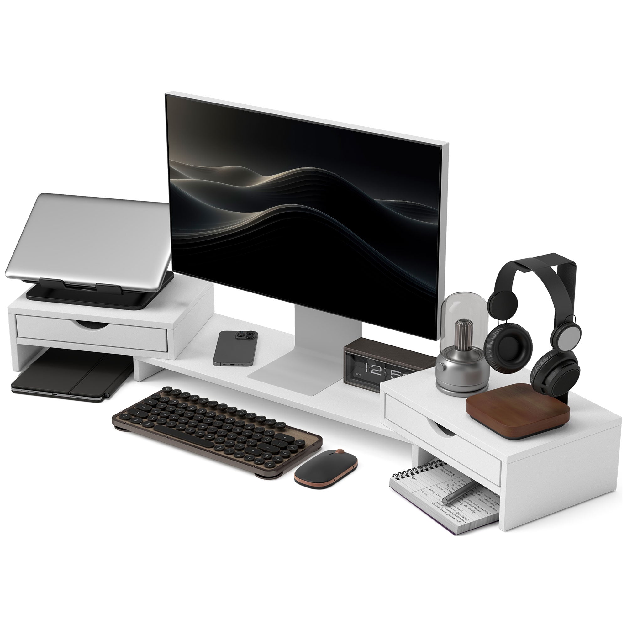 Monitor Riser Adjustable Angle and Length Monitor Stand with 2 Drawers Desktop Monitor Stand for Laptop Computer PC 60-116x22x12 cm White