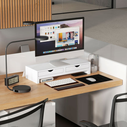 Monitor Riser Adjustable Angle and Length Monitor Stand with 2 Drawers Desktop Monitor Stand for Laptop Computer PC 60-116x22x12 cm White