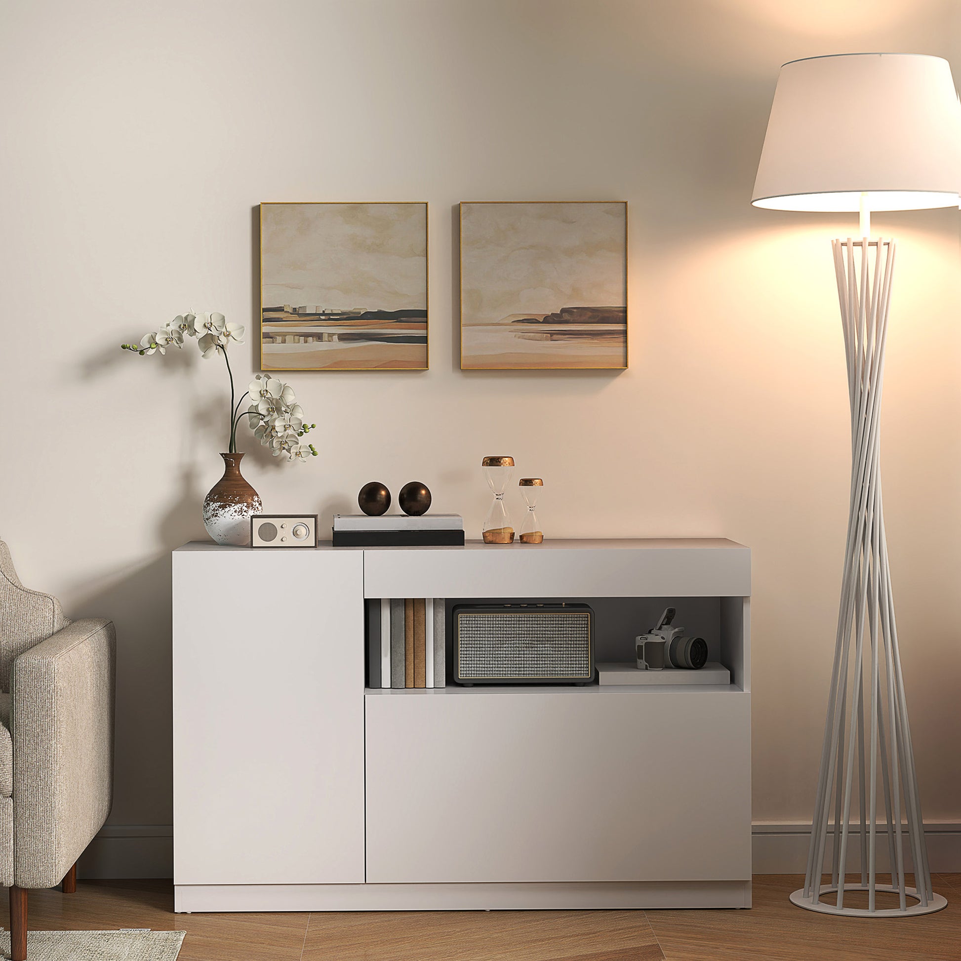 Low Kitchen Sideboard with Soft-Close Doors, 2 Cabinets, Open Shelf, 2 Cable Holes, Adjustable Shelf, Anti-Tip System, White