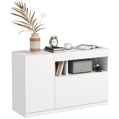 Low Kitchen Sideboard with Soft-Close Doors, 2 Cabinets, Open Shelf, 2 Cable Holes, Adjustable Shelf, Anti-Tip System, White