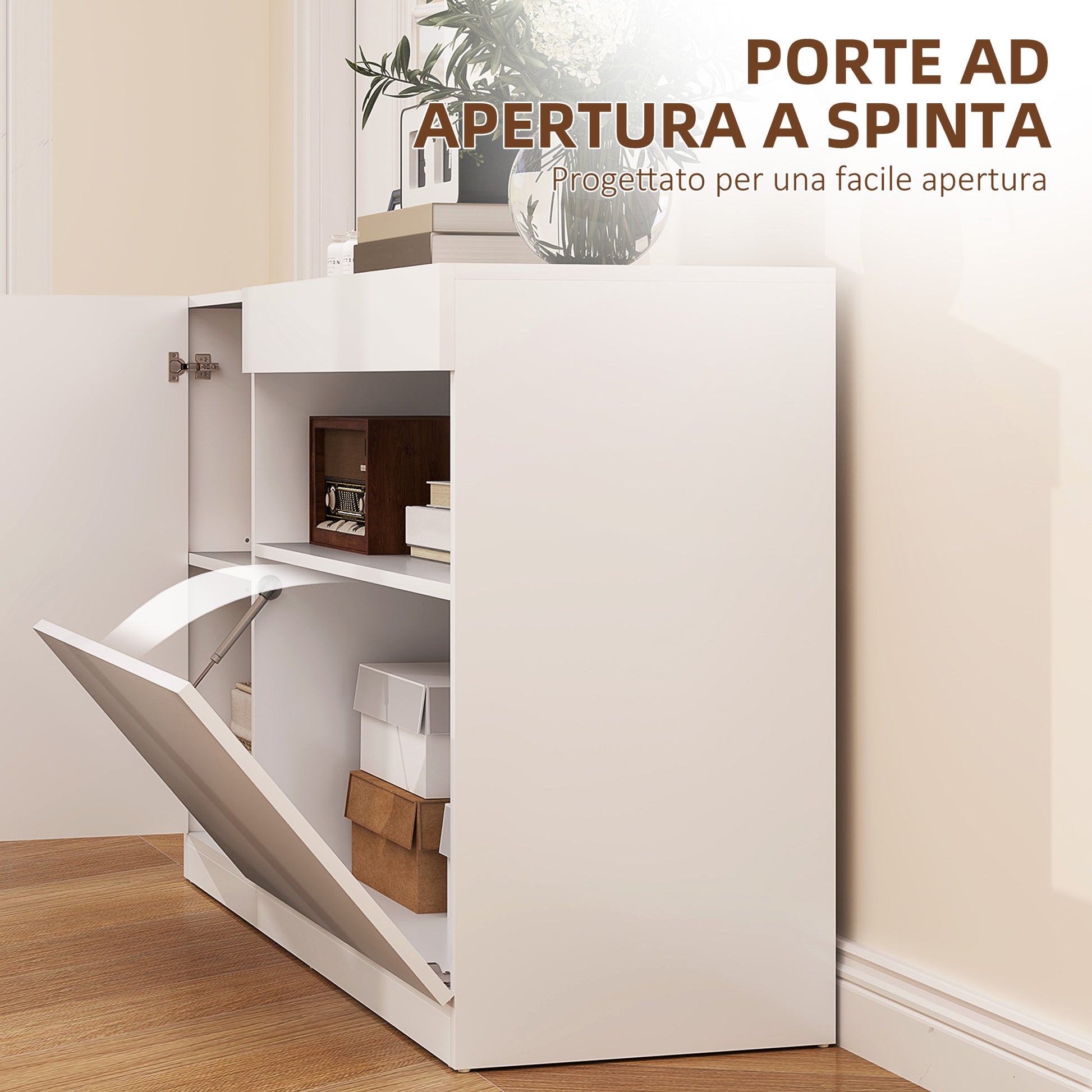 Low Kitchen Sideboard with Soft-Close Doors, 2 Cabinets, Open Shelf, 2 Cable Holes, Adjustable Shelf, Anti-Tip System, White