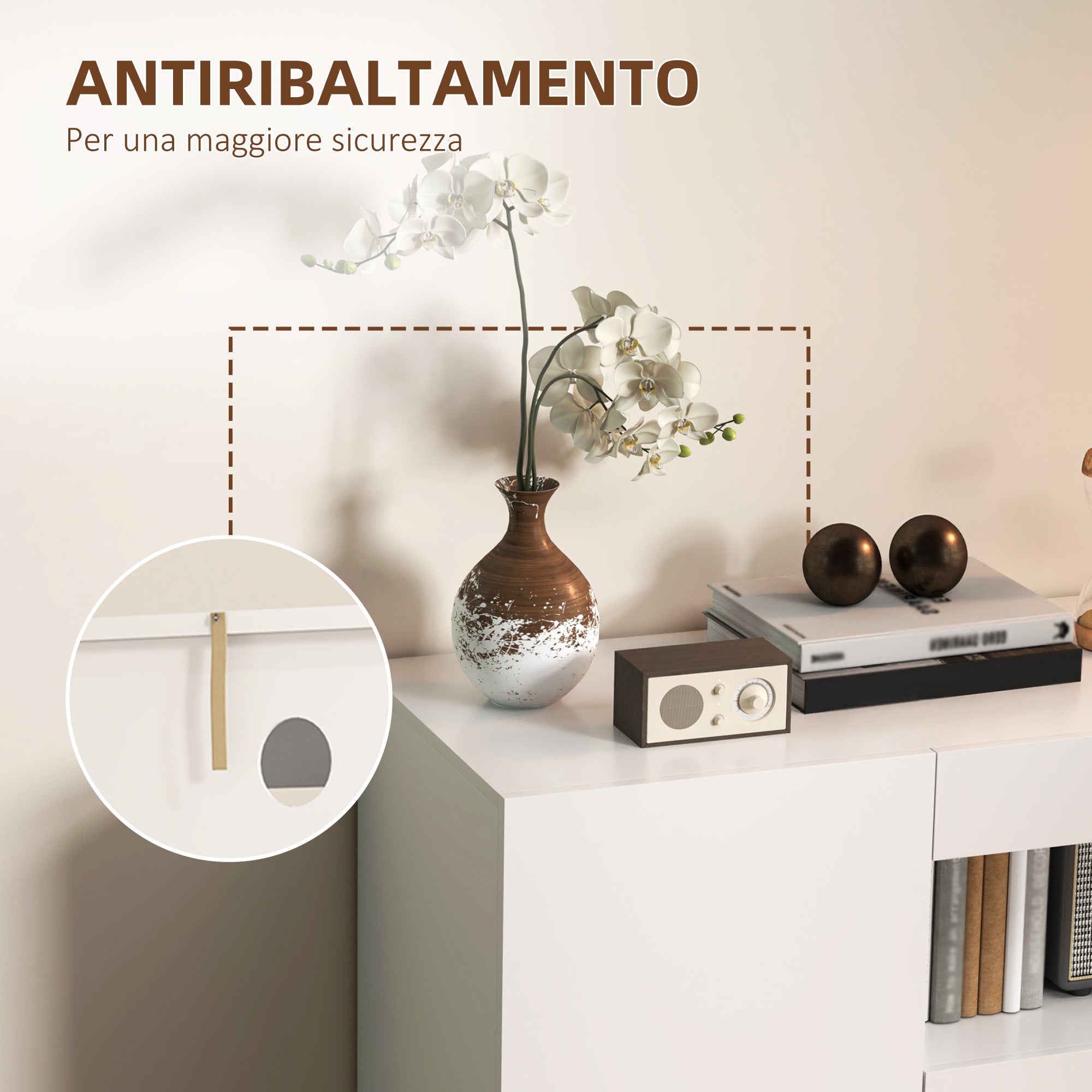Low Kitchen Sideboard with Soft-Close Doors, 2 Cabinets, Open Shelf, 2 Cable Holes, Adjustable Shelf, Anti-Tip System, White