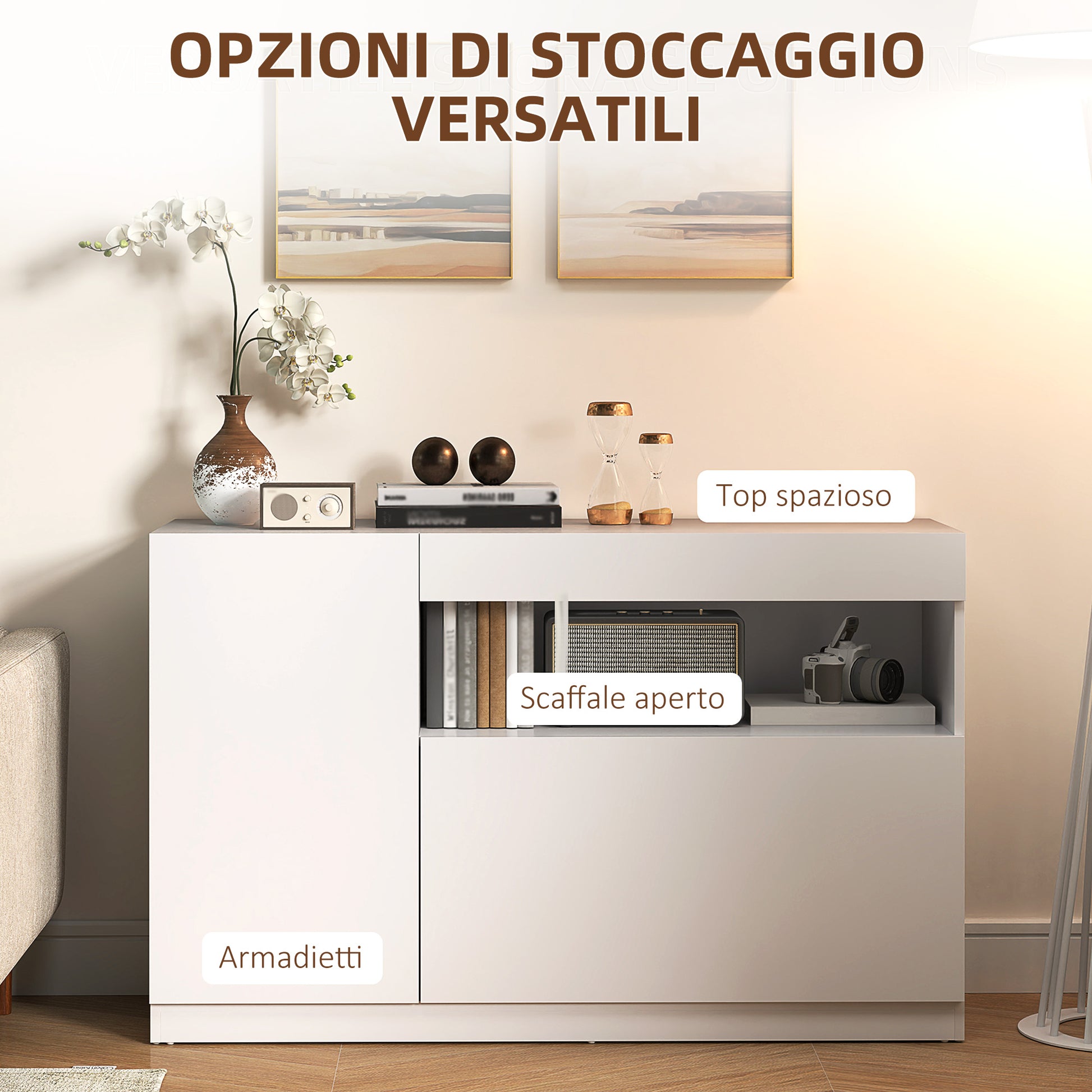Low Kitchen Sideboard with Soft-Close Doors, 2 Cabinets, Open Shelf, 2 Cable Holes, Adjustable Shelf, Anti-Tip System, White