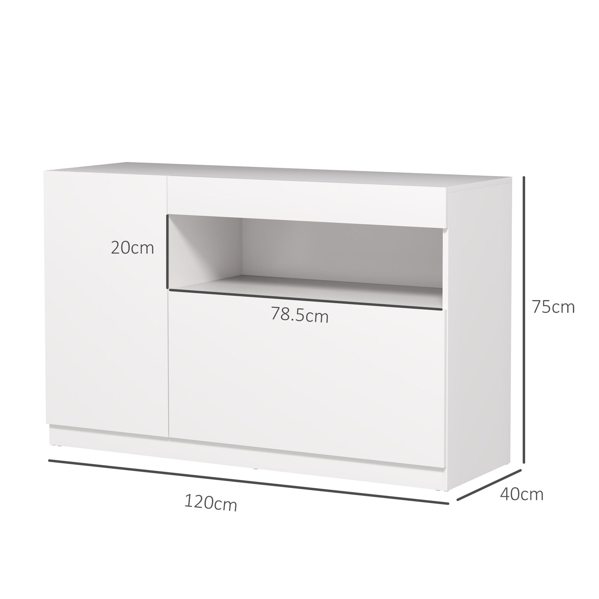 Low Kitchen Sideboard with Soft-Close Doors, 2 Cabinets, Open Shelf, 2 Cable Holes, Adjustable Shelf, Anti-Tip System, White