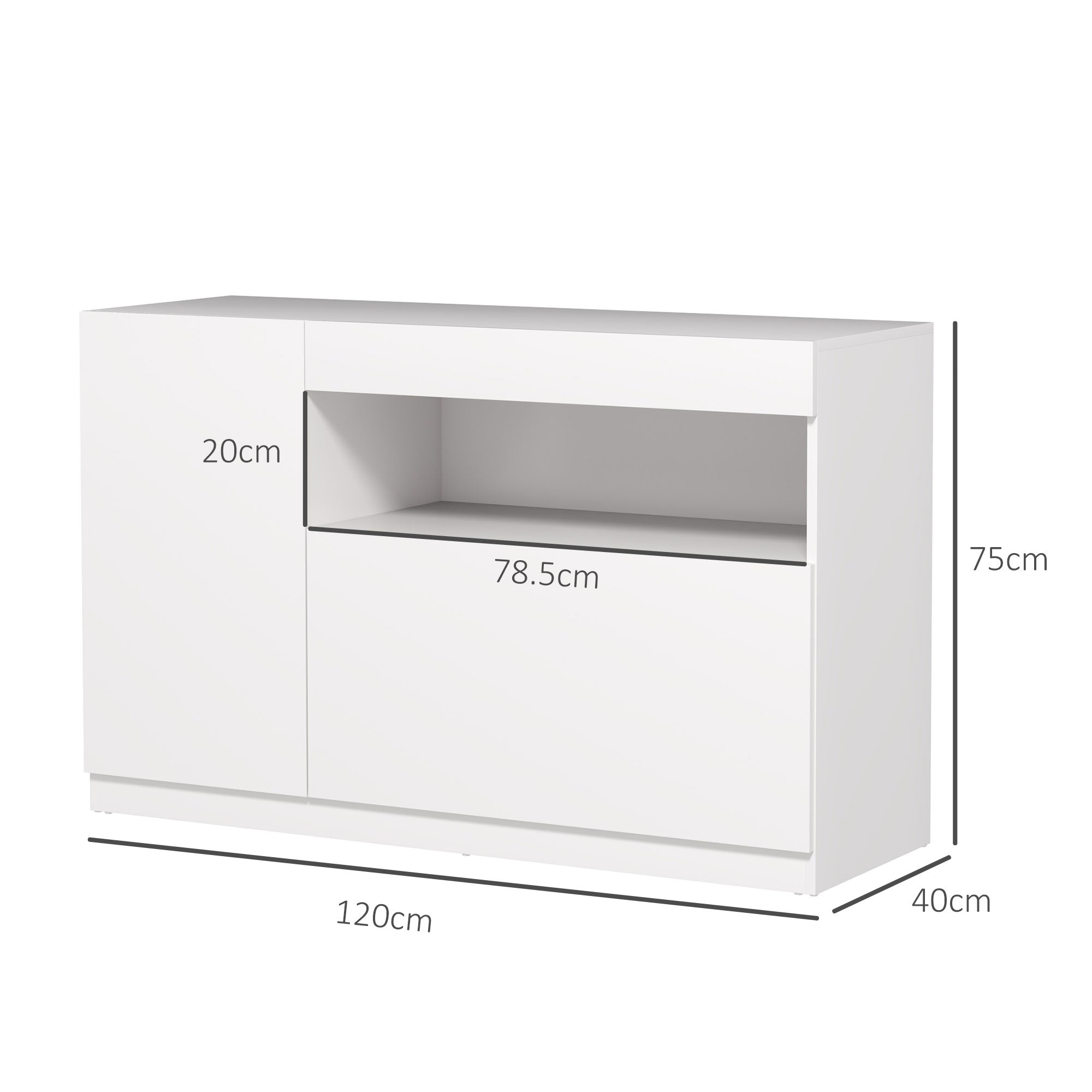 Low Kitchen Sideboard with Soft-Close Doors, 2 Cabinets, Open Shelf, 2 Cable Holes, Adjustable Shelf, Anti-Tip System, White