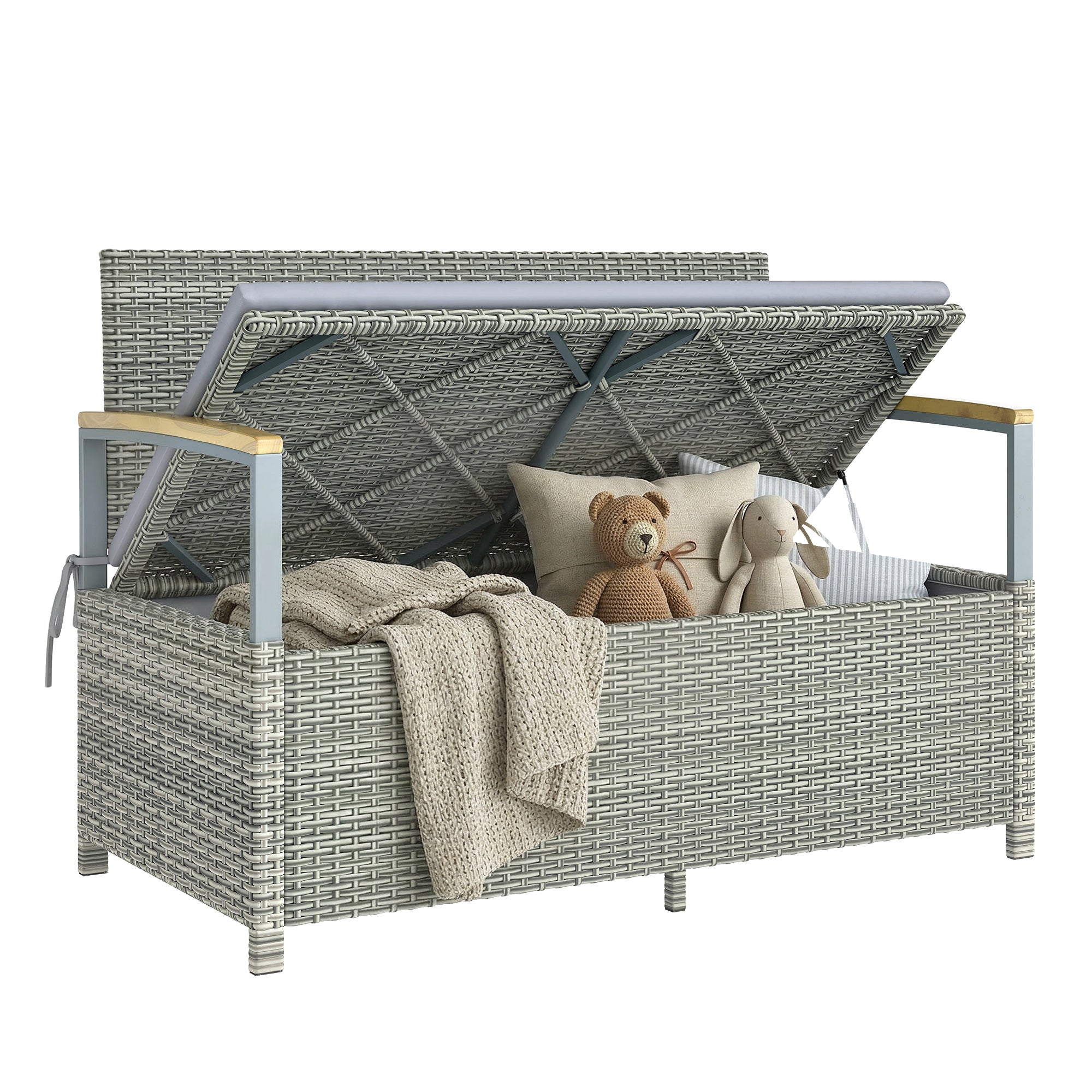 2-Seater Rattan Outdoor Storage Bench, 170 L Trunk, Washable Cushion, Backrest & Acacia Wood Arms, Gas-Assisted Lid — Light Gray
