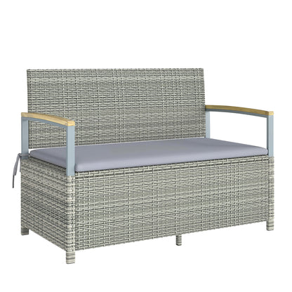2-Seater Rattan Outdoor Storage Bench, 170 L Trunk, Washable Cushion, Backrest & Acacia Wood Arms, Gas-Assisted Lid — Light Gray