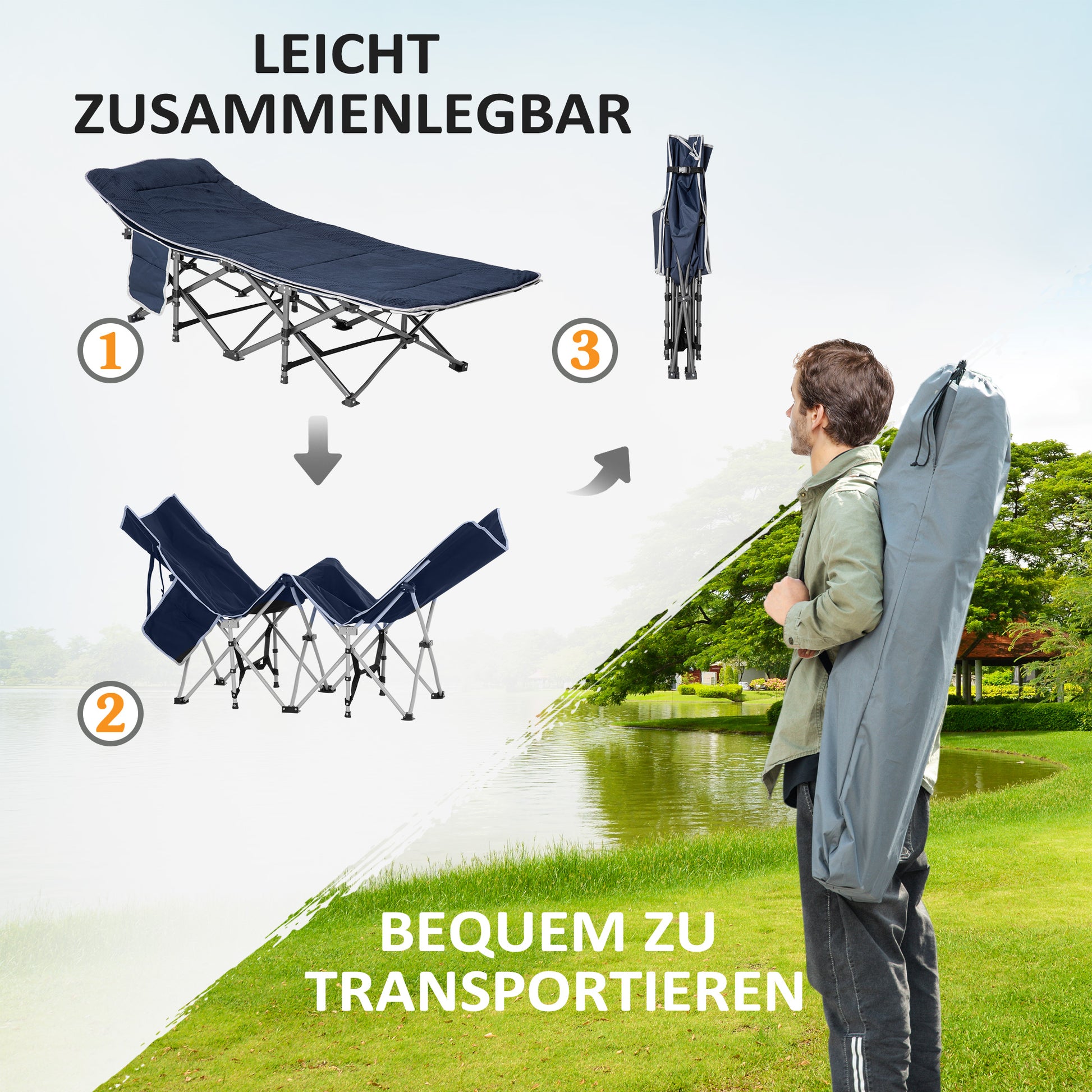 Folding Camping Bed Camp Bed with Pillow Side Pockets Mattress Guest Bed up to 150 kg Load Capacity Travel Outdoor Oxford Dark Blue 188 x 64.5 x 53 cm