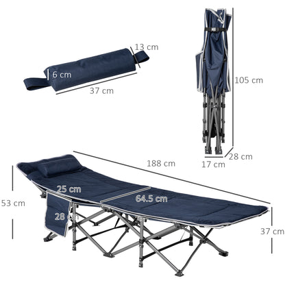 Folding Camping Bed Camp Bed with Pillow Side Pockets Mattress Guest Bed up to 150 kg Load Capacity Travel Outdoor Oxford Dark Blue 188 x 64.5 x 53 cm