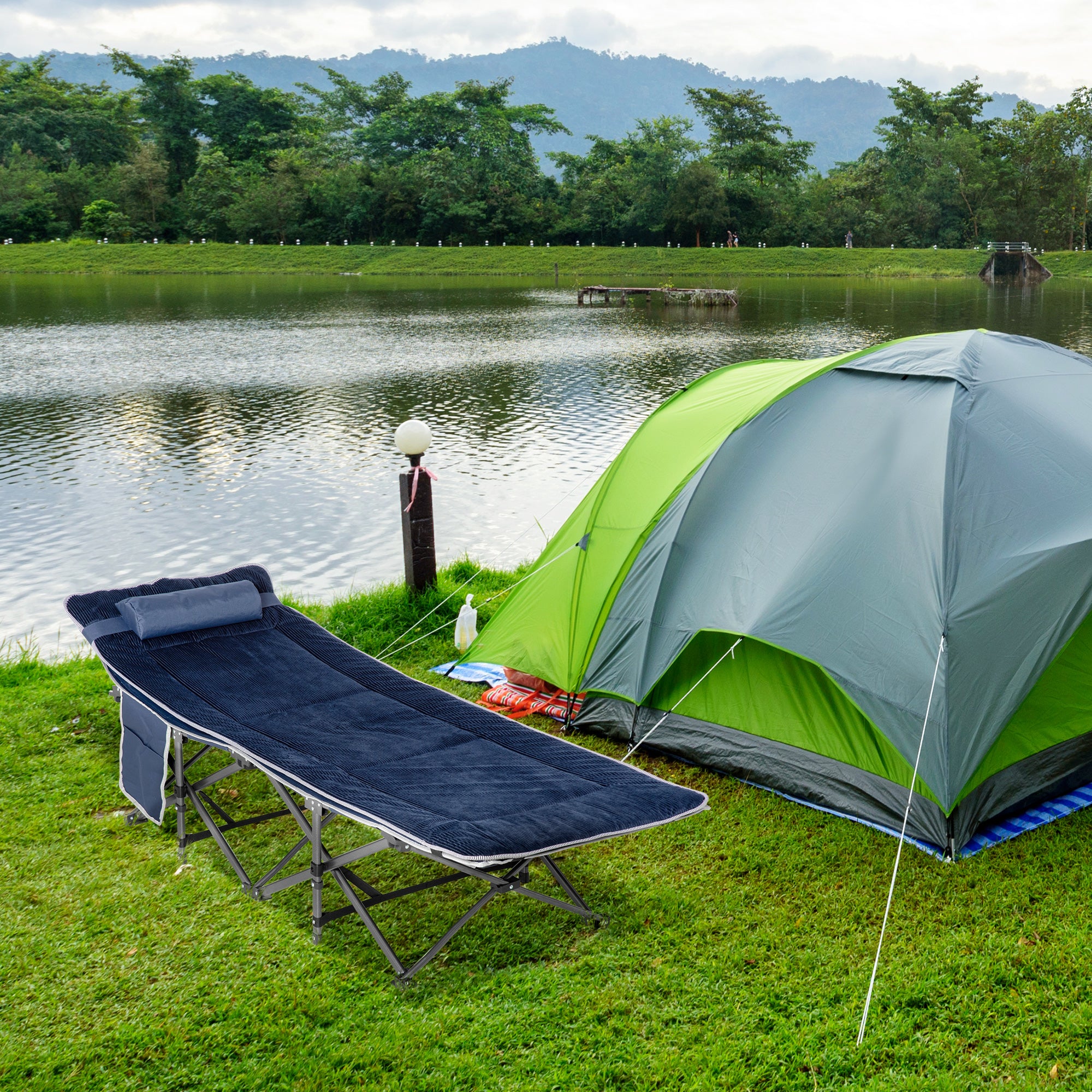 Folding Camping Bed Camp Bed with Pillow Side Pockets Mattress Guest Bed up to 150 kg Load Capacity Travel Outdoor Oxford Dark Blue 188 x 64.5 x 53 cm