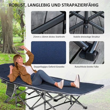 Folding Camping Bed Camp Bed with Pillow Side Pockets Mattress Guest Bed up to 150 kg Load Capacity Travel Outdoor Oxford Dark Blue 188 x 64.5 x 53 cm