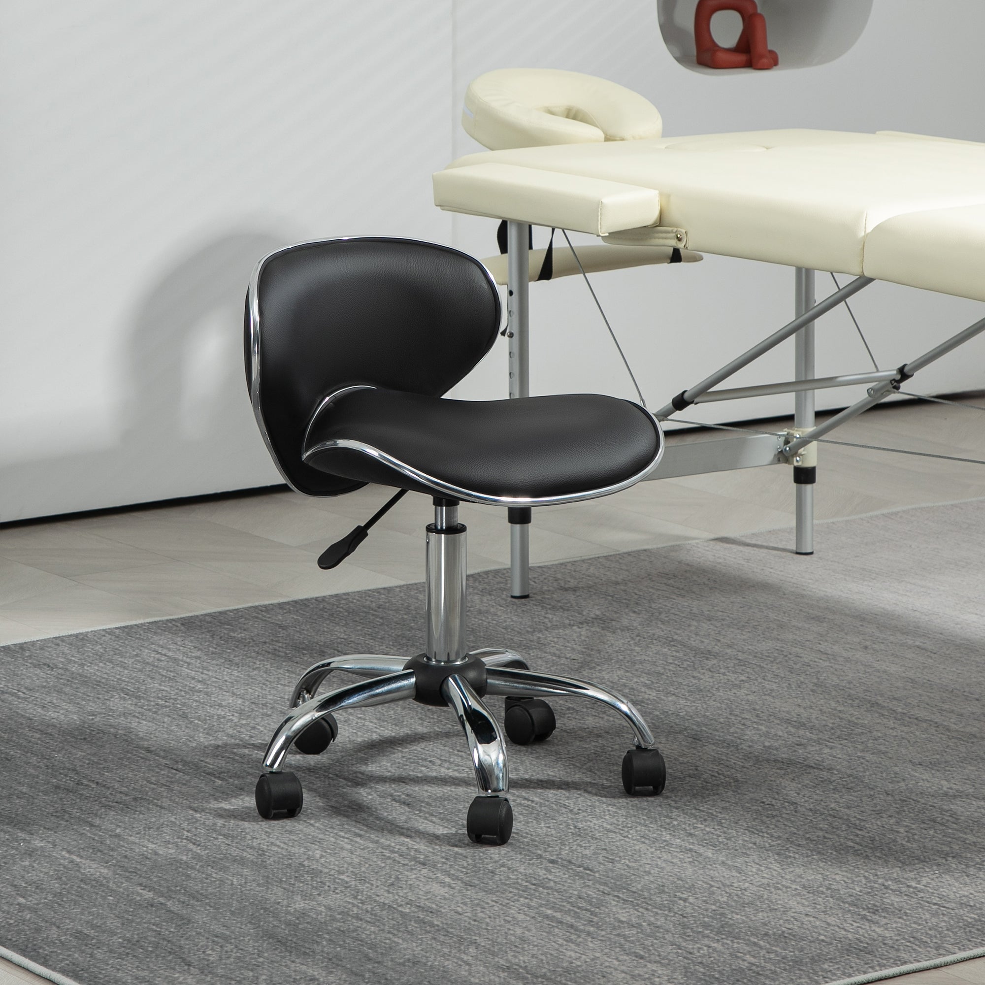 Rolling Stool Work Stool with Adjustable Height 44-56 cm and Backrest, 360° Swivel Office Stool for Massage Salon, Office, Clinic, Black
