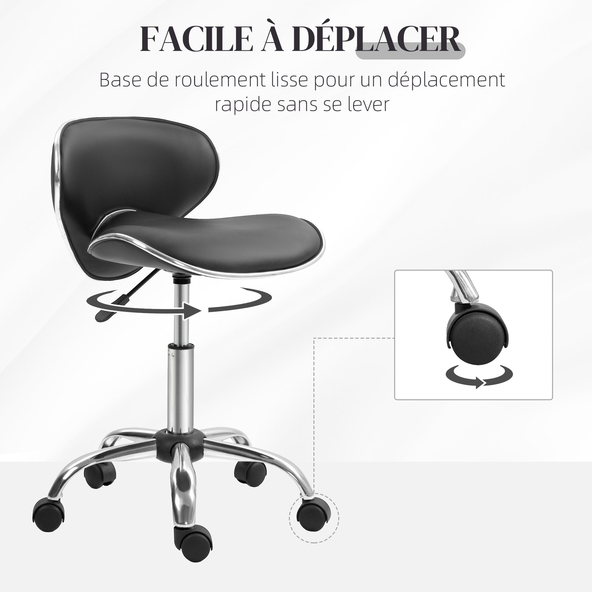 Rolling Stool Work Stool with Adjustable Height 44-56 cm and Backrest, 360° Swivel Office Stool for Massage Salon, Office, Clinic, Black