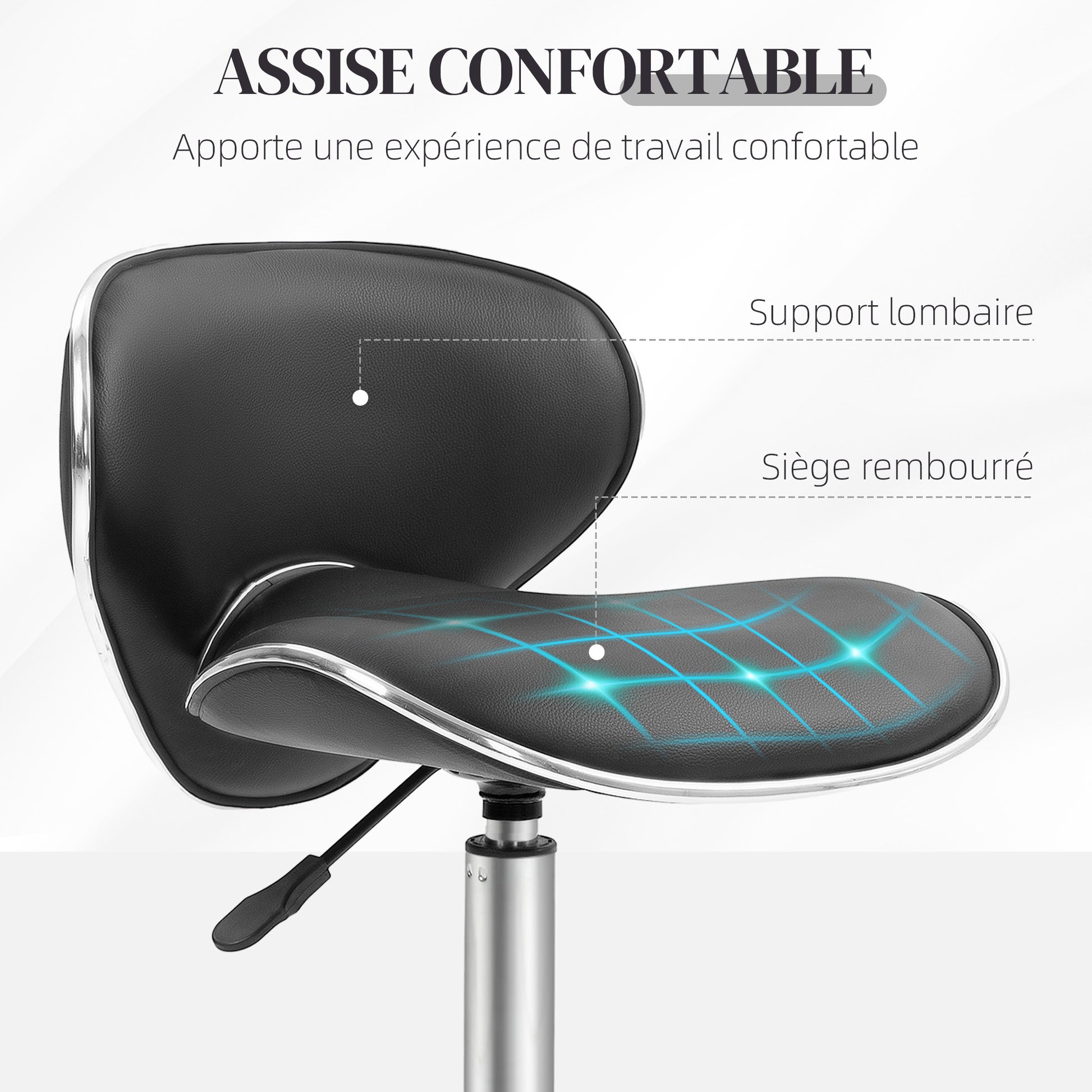 Rolling Stool Work Stool with Adjustable Height 44-56 cm and Backrest, 360° Swivel Office Stool for Massage Salon, Office, Clinic, Black