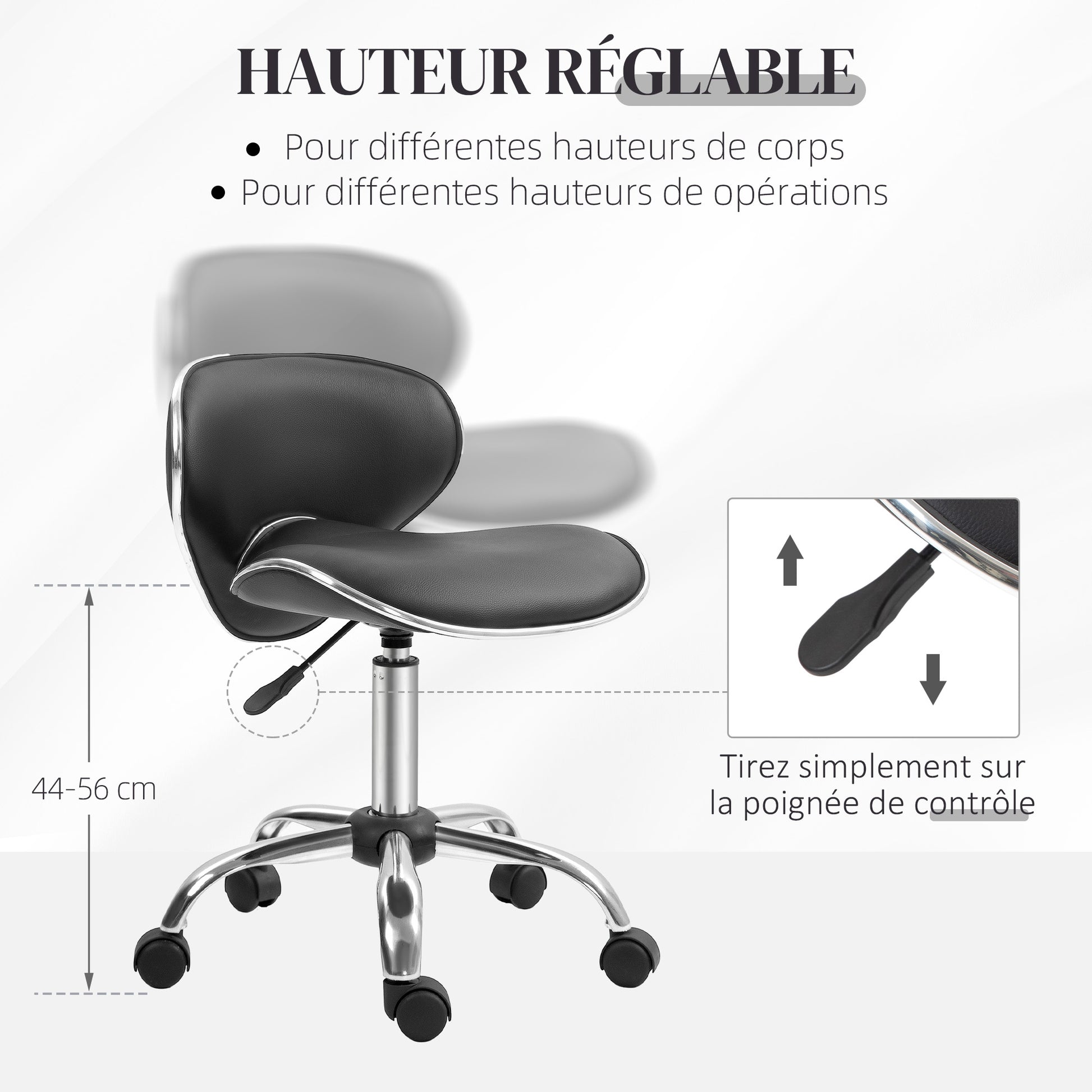 Rolling Stool Work Stool with Adjustable Height 44-56 cm and Backrest, 360° Swivel Office Stool for Massage Salon, Office, Clinic, Black