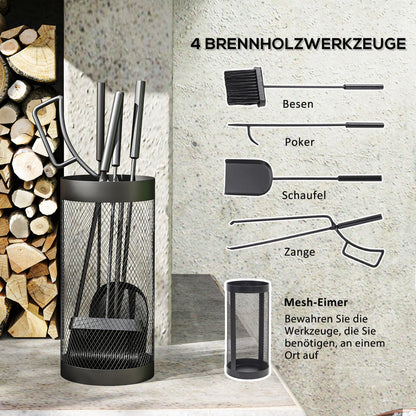 5-Piece Fireplace Tool Set Fireplace Accessories with Broom, Shovel, Tongs, Poker, and Basket, Metal, Black