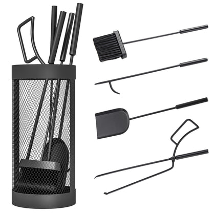 5-Piece Fireplace Tool Set Fireplace Accessories with Broom, Shovel, Tongs, Poker, and Basket, Metal, Black
