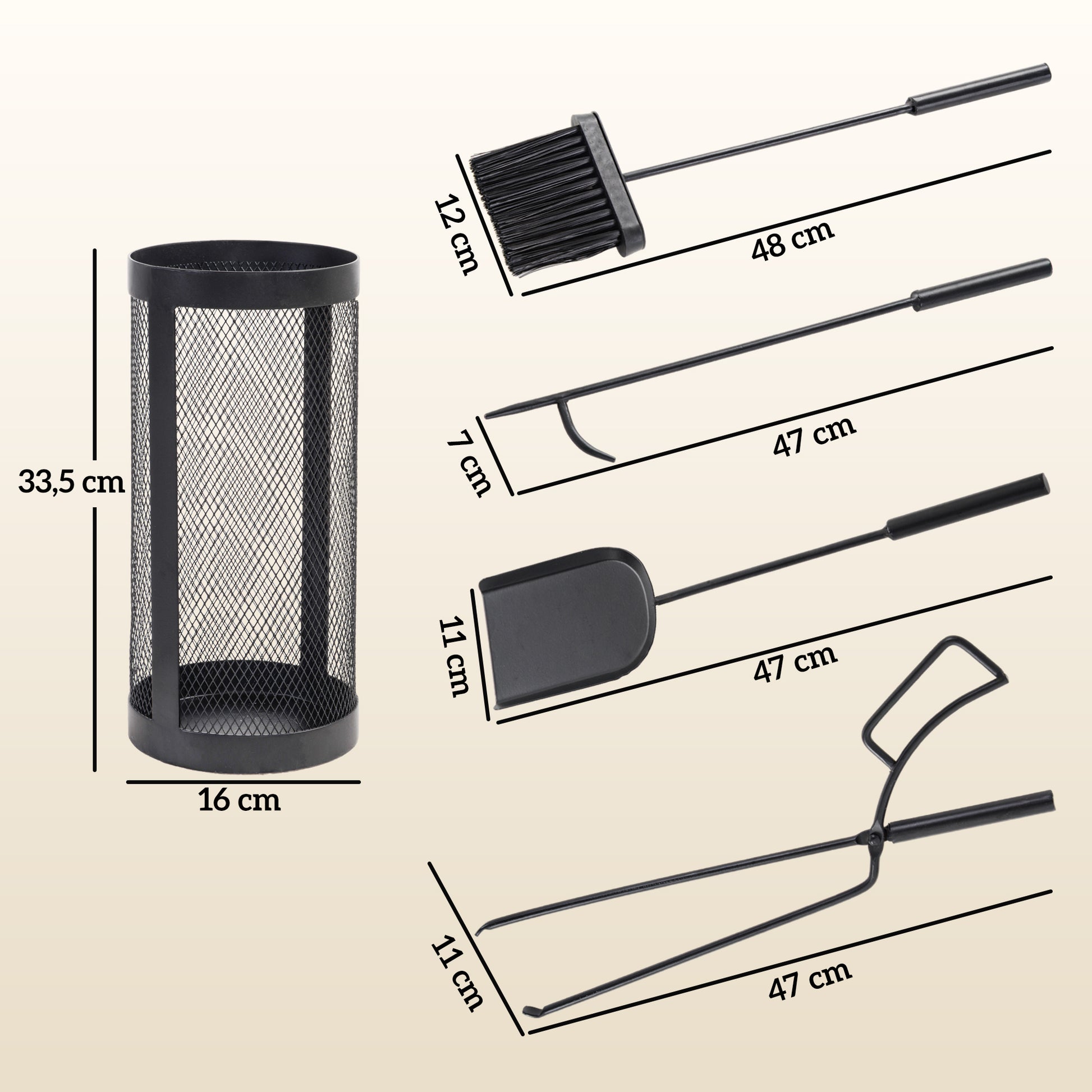 5-Piece Fireplace Tool Set Fireplace Accessories with Broom, Shovel, Tongs, Poker, and Basket, Metal, Black