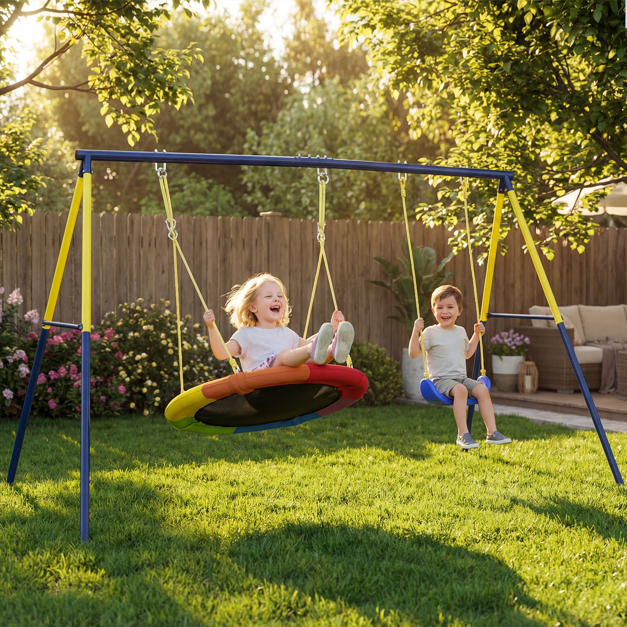 Kids Swing Frame, Steel A-Frame for 2 Swings, 331 lb Capacity, Fits Seat, Nest & Climbing Rope, Garden/Balcony — 8'6" x 5'3" x 5'10", Blue
