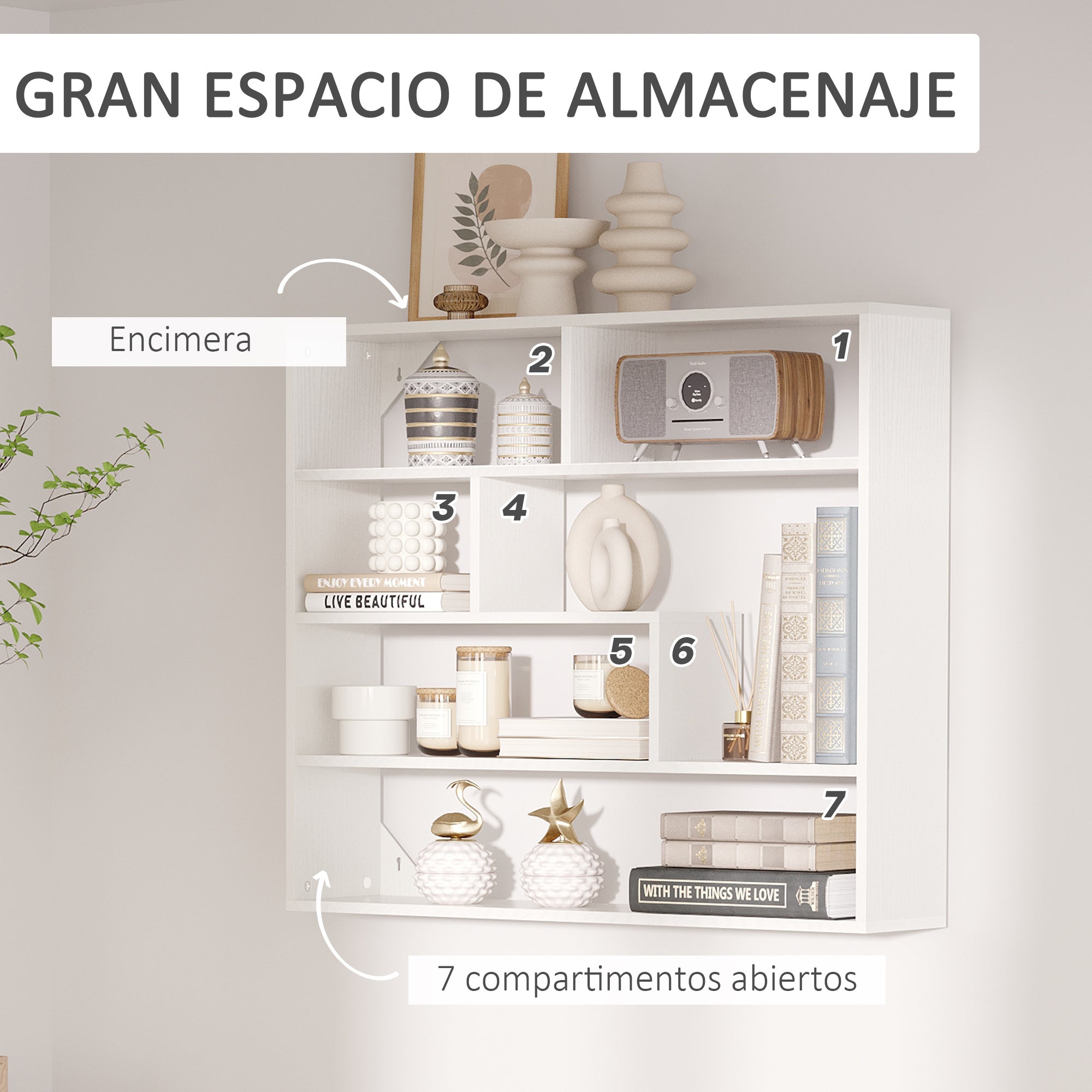 4-Tier Wall Shelf Floating Shelf with 7 Open Compartments for Living Room Bedroom Office Modern Style 94x19.5x80 cm White