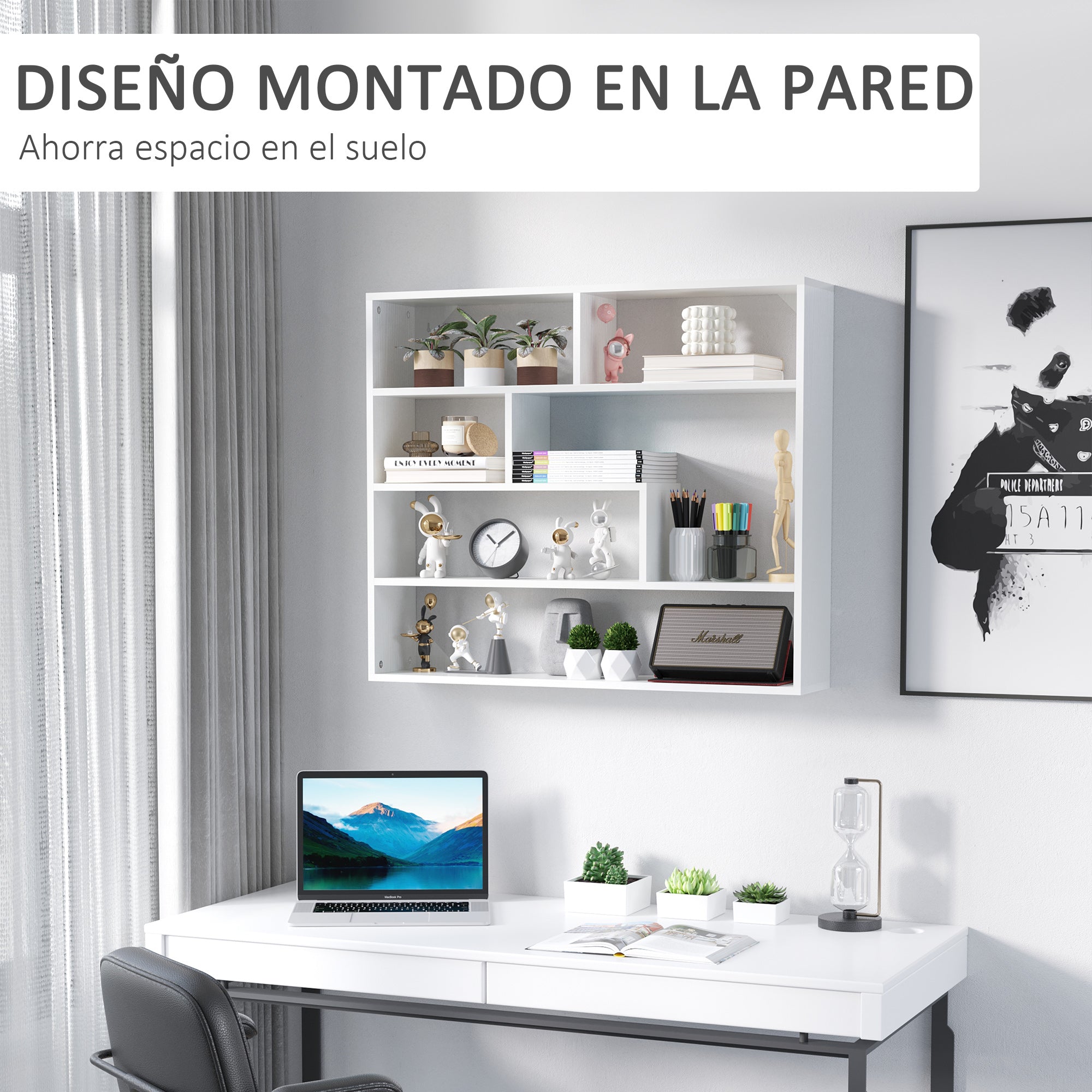 4-Tier Wall Shelf Floating Shelf with 7 Open Compartments for Living Room Bedroom Office Modern Style 94x19.5x80 cm White