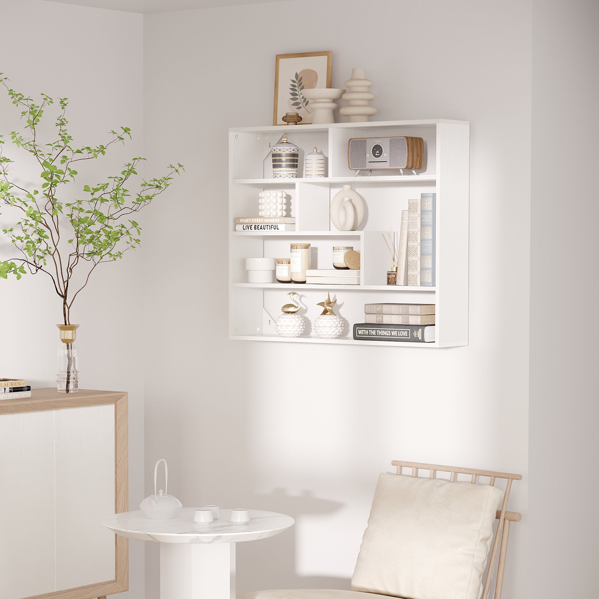 4-Tier Wall Shelf Floating Shelf with 7 Open Compartments for Living Room Bedroom Office Modern Style 94x19.5x80 cm White