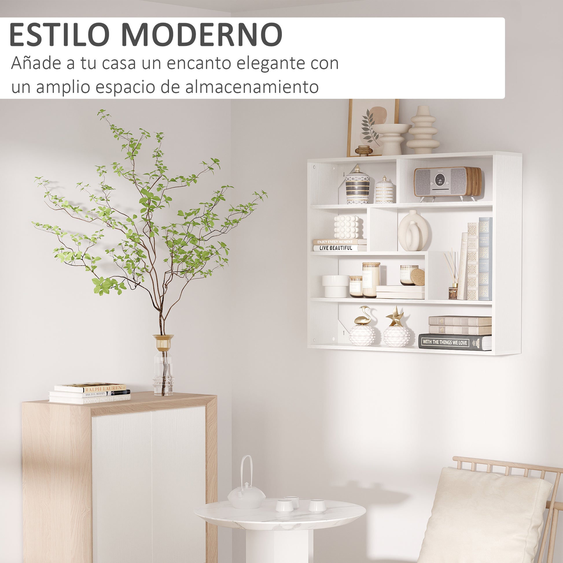 4-Tier Wall Shelf Floating Shelf with 7 Open Compartments for Living Room Bedroom Office Modern Style 94x19.5x80 cm White