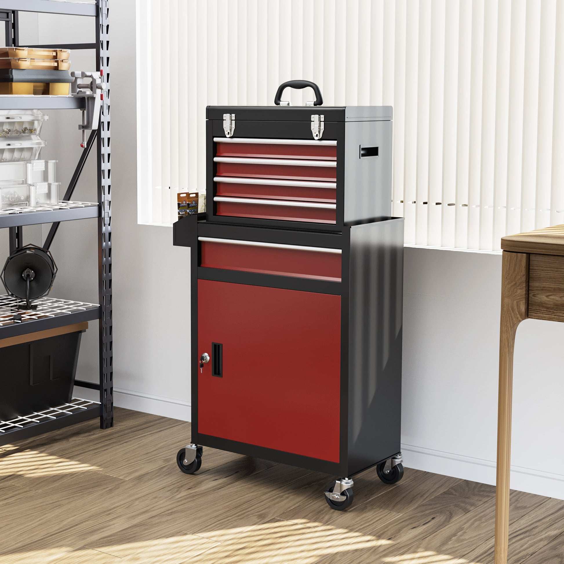 Workshop Trolley with Wheels, Tool Cart with 5 Drawers, Lockable Assembly Wagon with Ball Bearing Drawer Slides, Mobile Rolling Cart, Max. Load 130kg, Steel, Black+Red