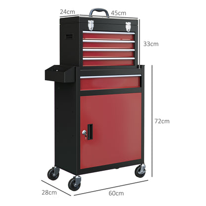 Workshop Trolley with Wheels, Tool Cart with 5 Drawers, Lockable Assembly Wagon with Ball Bearing Drawer Slides, Mobile Rolling Cart, Max. Load 130kg, Steel, Black+Red
