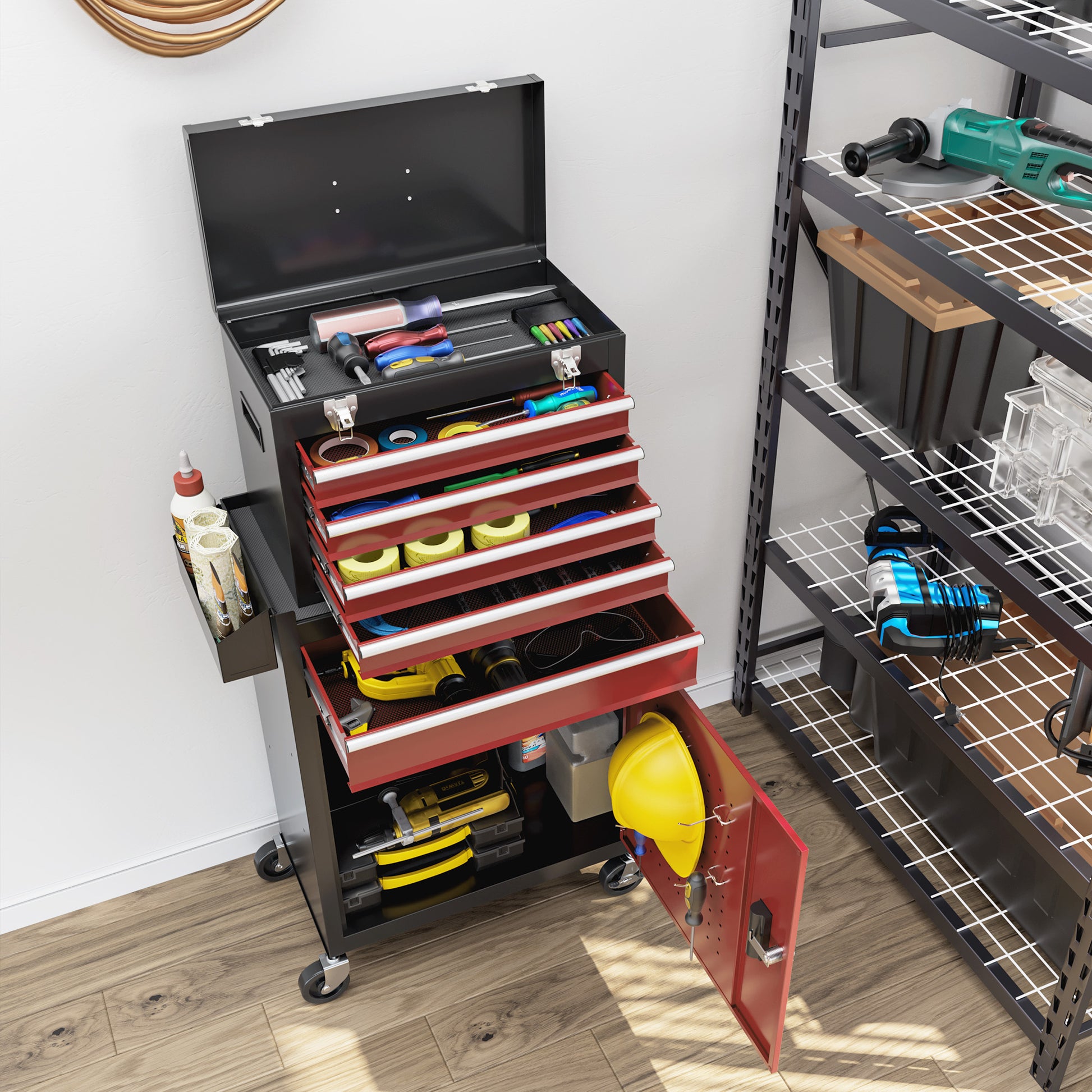 Workshop Trolley with Wheels, Tool Cart with 5 Drawers, Lockable Assembly Wagon with Ball Bearing Drawer Slides, Mobile Rolling Cart, Max. Load 130kg, Steel, Black+Red