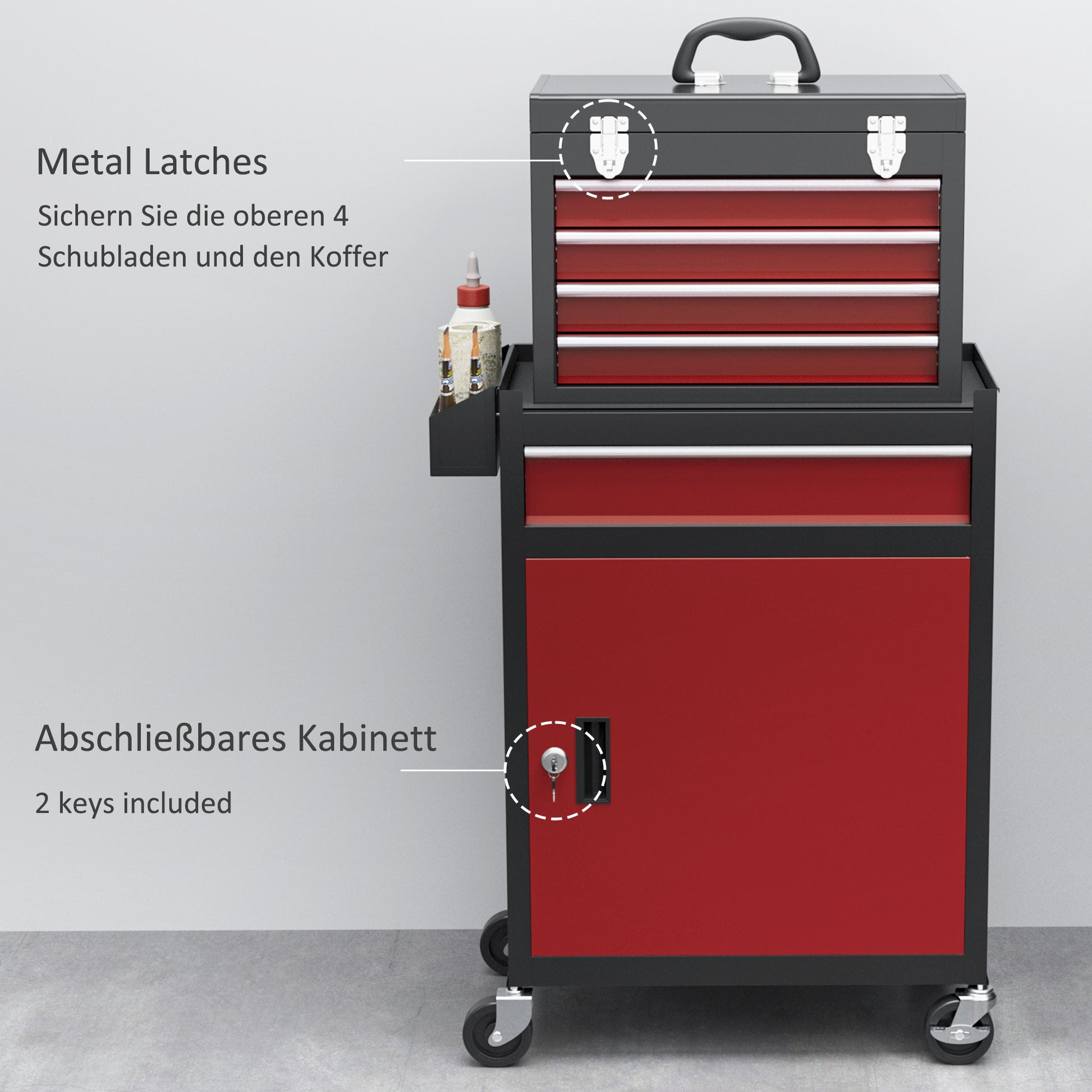 Workshop Trolley with Wheels, Tool Cart with 5 Drawers, Lockable Assembly Wagon with Ball Bearing Drawer Slides, Mobile Rolling Cart, Max. Load 130kg, Steel, Black+Red