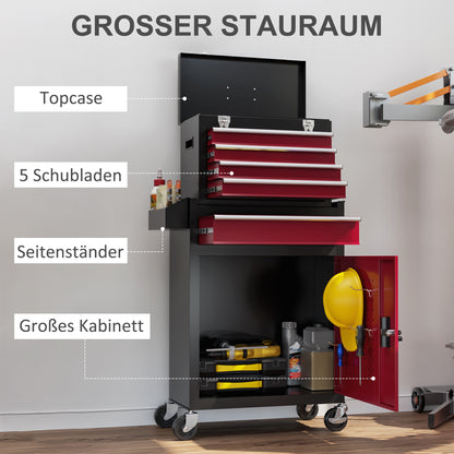 Workshop Trolley with Wheels, Tool Cart with 5 Drawers, Lockable Assembly Wagon with Ball Bearing Drawer Slides, Mobile Rolling Cart, Max. Load 130kg, Steel, Black+Red