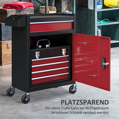 Workshop Trolley with Wheels, Tool Cart with 5 Drawers, Lockable Assembly Wagon with Ball Bearing Drawer Slides, Mobile Rolling Cart, Max. Load 130kg, Steel, Black+Red