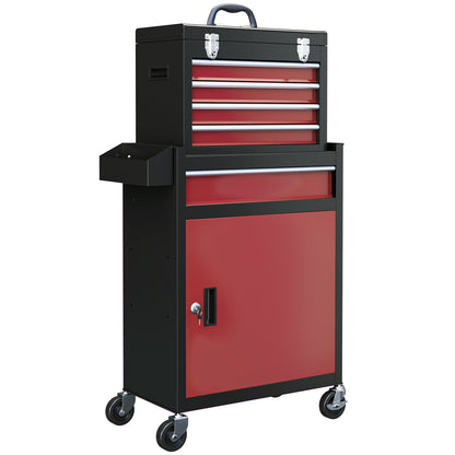 Workshop Trolley with Wheels, Tool Cart with 5 Drawers, Lockable Assembly Wagon with Ball Bearing Drawer Slides, Mobile Rolling Cart, Max. Load 130kg, Steel, Black+Red