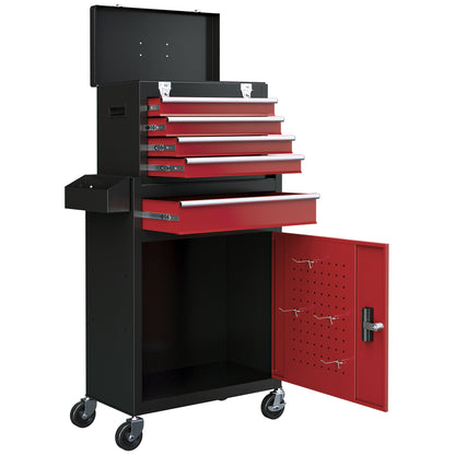 Workshop Trolley with Wheels, Tool Cart with 5 Drawers, Lockable Assembly Wagon with Ball Bearing Drawer Slides, Mobile Rolling Cart, Max. Load 130kg, Steel, Black+Red
