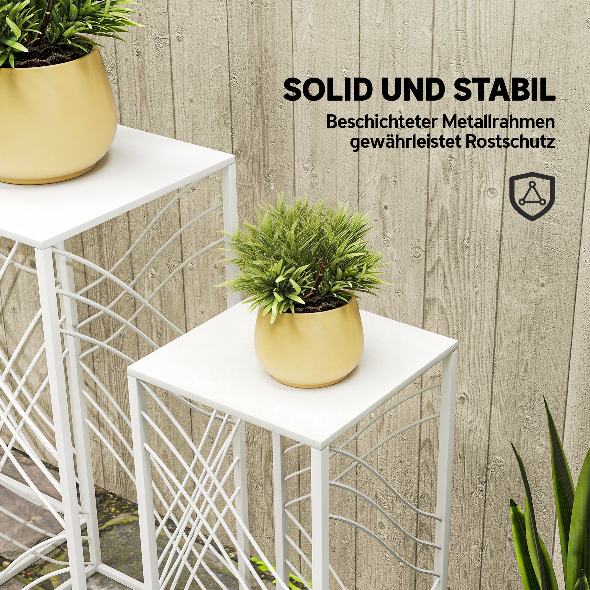 3-Piece Stackable Plant Stand Set — Powder-Coated Metal, White; Heights 19.7"/23.6"/27.6" (50/60/70 cm), Load Capacity up to 66/44/22 lb