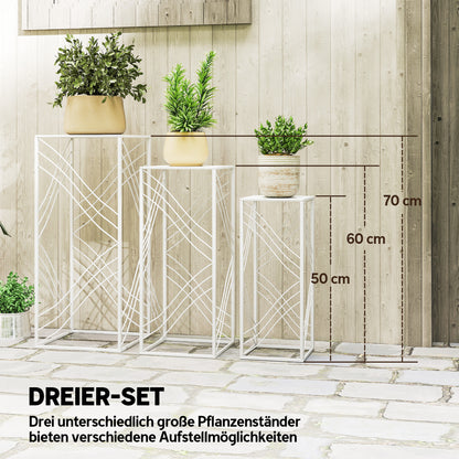 3-Piece Stackable Plant Stand Set — Powder-Coated Metal, White; Heights 19.7"/23.6"/27.6" (50/60/70 cm), Load Capacity up to 66/44/22 lb