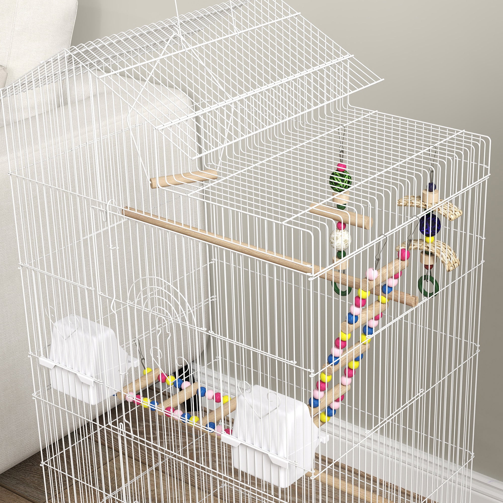 Bird Cage Aviary with Multiple Doors 4 Feeders 3 Perches Swing Ladders and Removable Tray for Parrots Canaries Parakeets 46x36x100 cm White