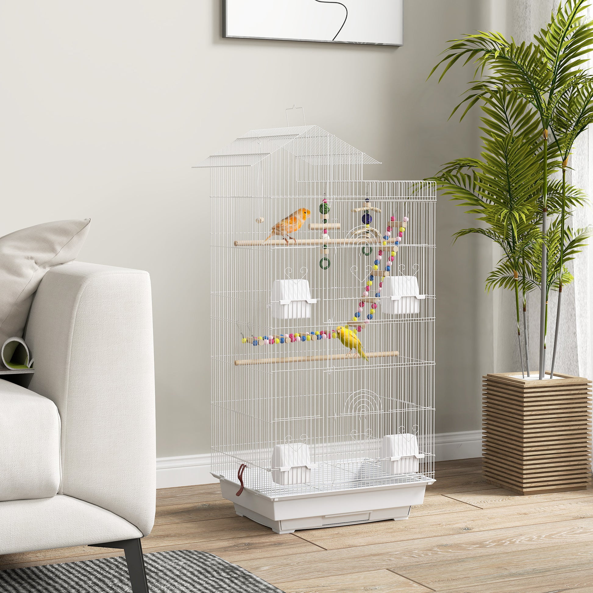 Bird Cage Aviary with Multiple Doors 4 Feeders 3 Perches Swing Ladders and Removable Tray for Parrots Canaries Parakeets 46x36x100 cm White