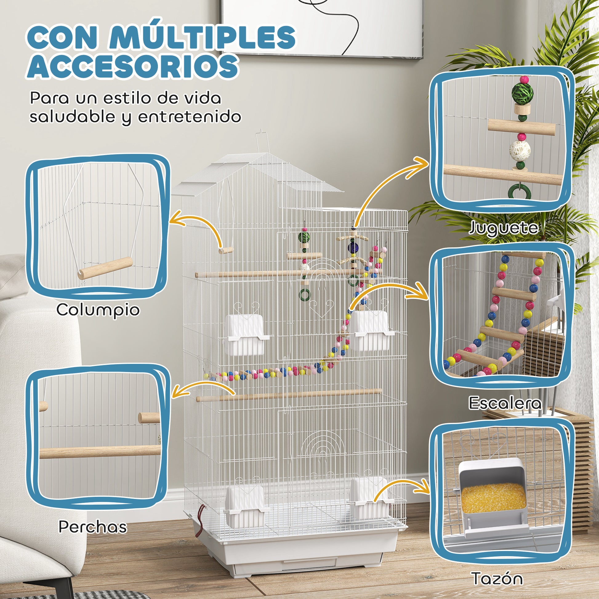 Bird Cage Aviary with Multiple Doors 4 Feeders 3 Perches Swing Ladders and Removable Tray for Parrots Canaries Parakeets 46x36x100 cm White