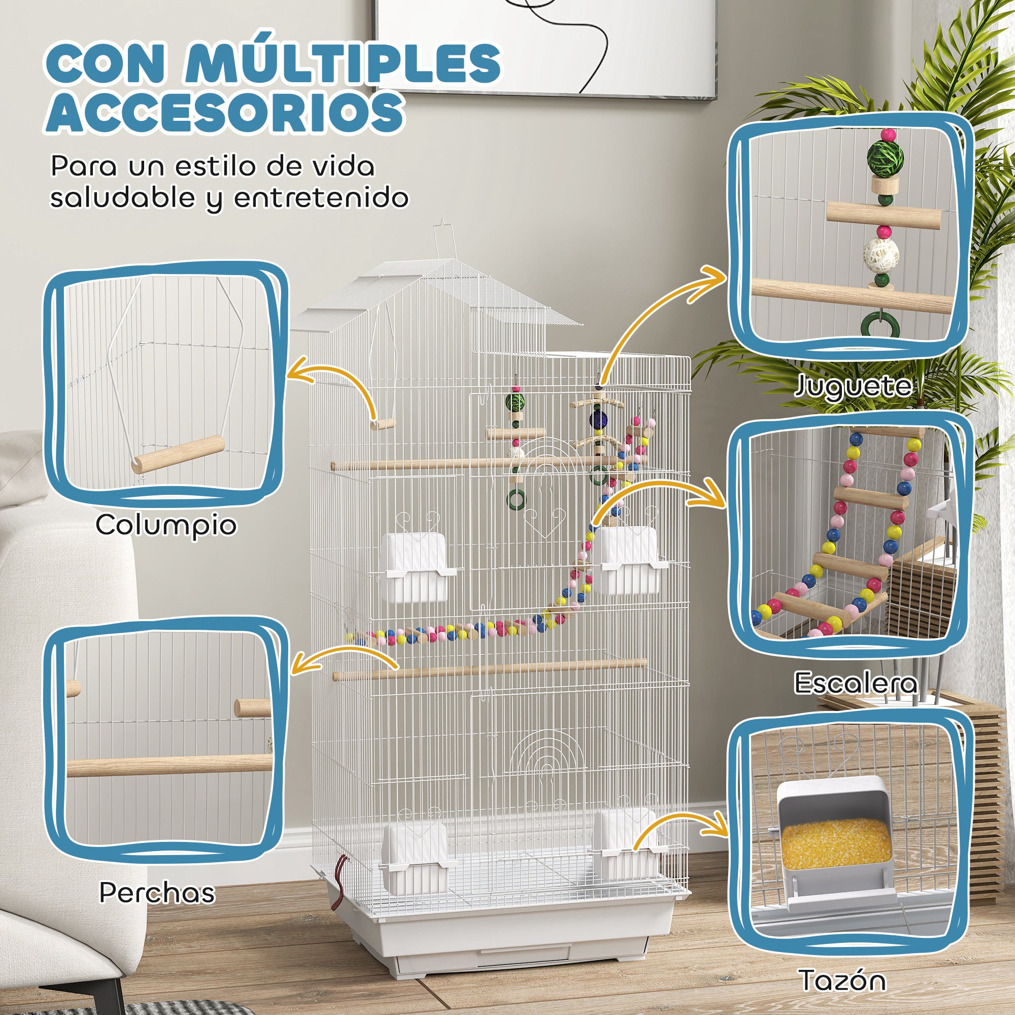 Bird Cage Aviary with Multiple Doors 4 Feeders 3 Perches Swing Ladders and Removable Tray for Parrots Canaries Parakeets 46x36x100 cm White