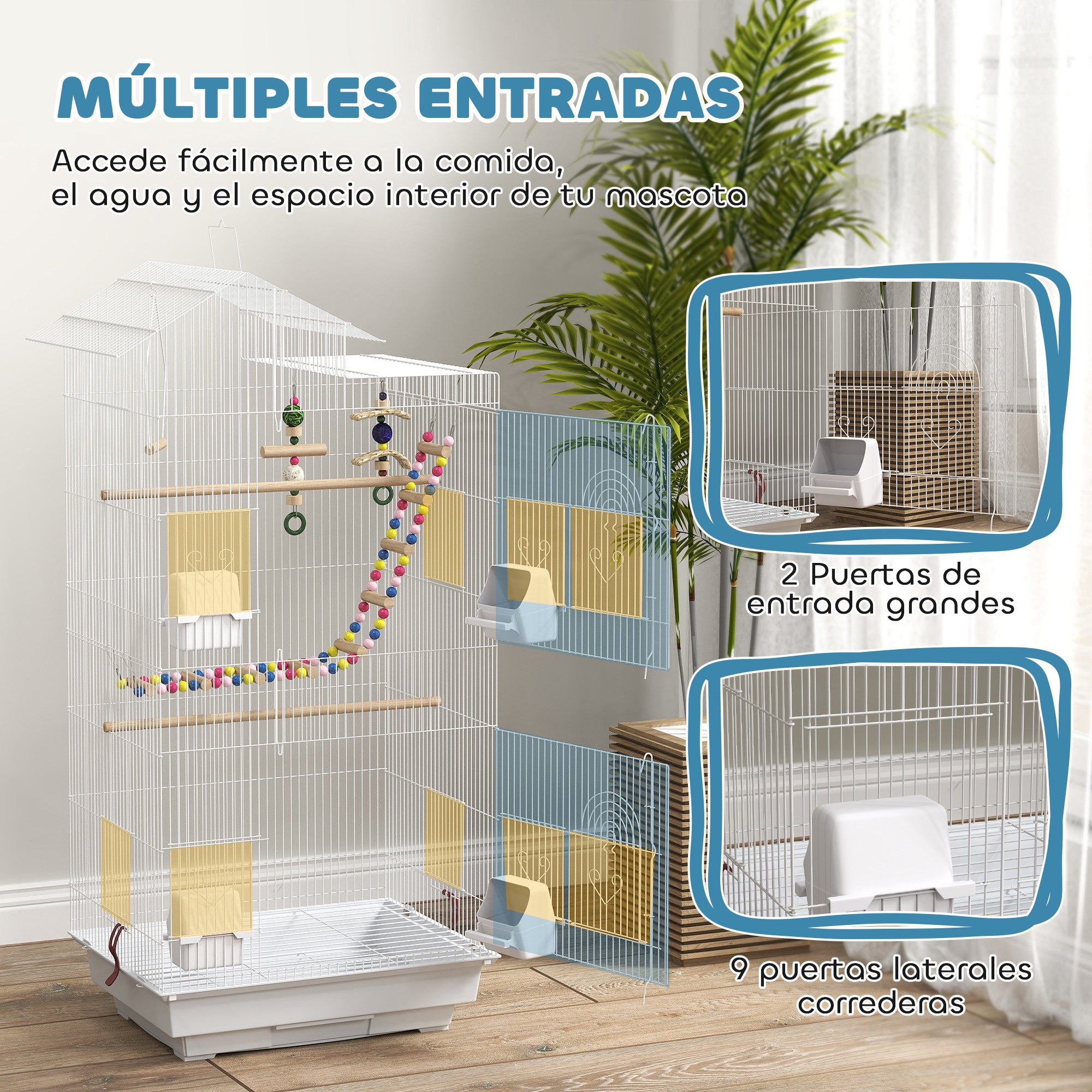 Bird Cage Aviary with Multiple Doors 4 Feeders 3 Perches Swing Ladders and Removable Tray for Parrots Canaries Parakeets 46x36x100 cm White