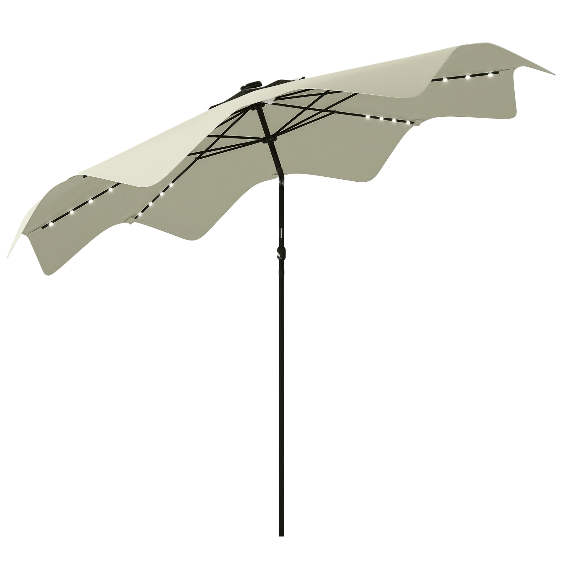 Garden Umbrella Ø292x248 cm Manual Terrace Parasol with 32 Solar LED Lights 8 Rods Adjustable Angle Waterproof and Ventilation Grids for Patio Balcony Cream