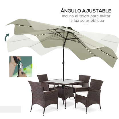 Garden Umbrella Ø292x248 cm Manual Terrace Parasol with 32 Solar LED Lights 8 Rods Adjustable Angle Waterproof and Ventilation Grids for Patio Balcony Cream
